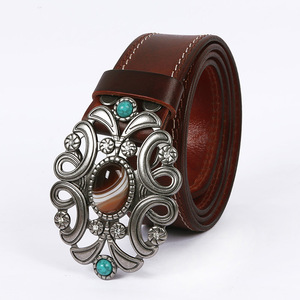 Ceinture en cuir gaufré de style ethnique mongol couche de cuir de vachette avec boucle lisse <span class=keywords><strong>imitation</strong></span> agate-Vente en gros hommes et femmes - Product Image 6