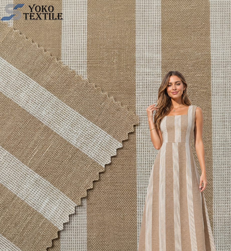 100% Poly Linen Look Yarn Dyed Striped Eco-Friendly Fabric Breathable Wrinkle Free Lightweight Woven Summer Shirts Dresses Girls