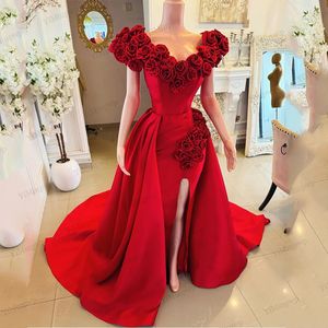 Vestidos de Noche Rojos Aso Ebi 2025, Vestidos de Cumpleaños de Lujo con Flores, Estilo Sirena, Hombros Descubiertos, Abertura Lateral, Vestidos de Noche Formales Personalizados - Product Image 1