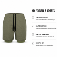 Shorts de sport 2 en 1 pour homme avec logo personnalisé, séchage rapide, respirants, avec fentes latérales et poche pour téléphone, idéaux pour la gym et le fitness