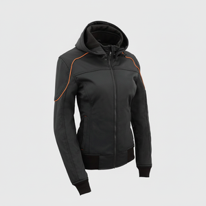 Veste de moto en cuir Softshell noire personnalisée pour femmes avec capuche, manteau de motard de style course - Product Image 1