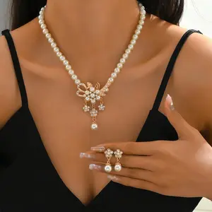 Moda perla flor 18K chapado en oro collar pendiente conjunto de joyas para mujeres
