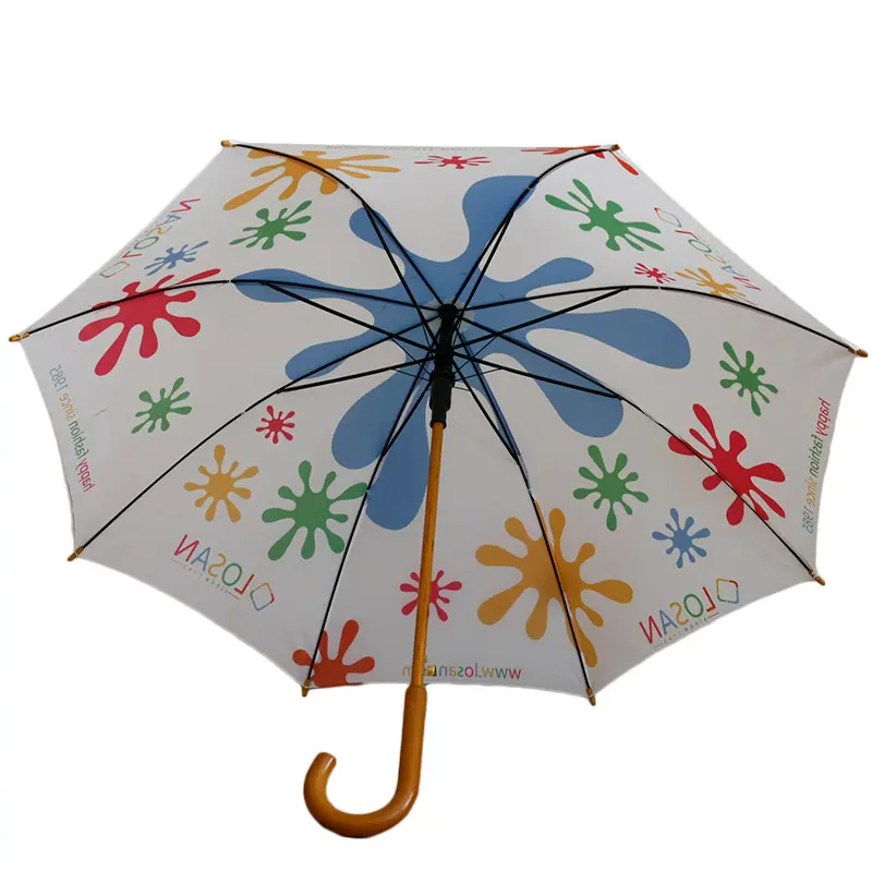 나무 샤프트 핸들 및 팁이있는 유리 섬유/금속 프레임이있는 자동 8 패널 우산