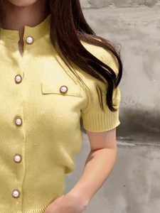 Conjunto de Punto Vintage para <span class=keywords><strong>Mujer</strong></span>, 2 Piezas, Primavera 2026, Transpirable, Corte Ajustado, Cárdigan de Manga Corta, Minifalda, Amarillo Suave, Elegante, con Perlas - Product Image 6