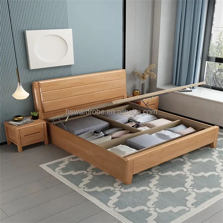 Modern Design Good Quality Wooden bed big Storage wood double bed designs with box