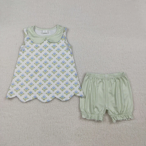 GSSO2850 Blue Flowers Sleeveless Green Checkered Shorts Girls Set - Product Image 1