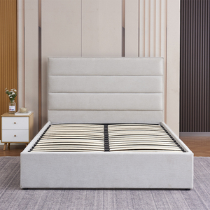 Base de Cama Tapizada en Tela Gris Claro con 2 Cajones de Almacenamiento Debajo de la Cama y Cabecera Acolchada con Diseño de Canales - Product Image 4