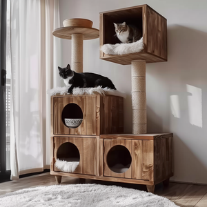 Luxo moderno <span class=keywords><strong>Cat</strong></span> <span class=keywords><strong>Tree</strong></span> Tower Wood Pet House com Climb Frame Litter Box Contemporâneo Animal Padrão <span class=keywords><strong>Scratcher</strong></span> Casa para Gatos - Product Image 4