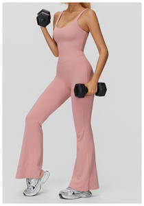 カスタムレディースワンピース、深い<span class=keywords><strong>V</strong></span>ネックヨガボディスーツ、胸パッド付きフレアレギンス、スリムフィットプレイスーツ - Product Image 3