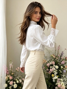 Elegant Vintage Stand Collar Blouse Hollow Lace Patchwork <b>Long</b> Sleeve <b>Top</b> Casual Office Daily Wear Shirt For Women Spring Fall - Product Image 2