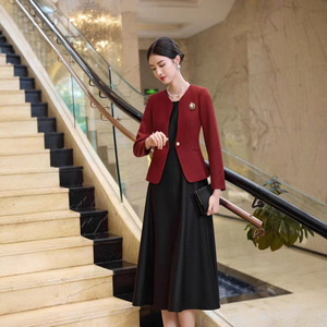 Women's Burgundy Suit <b>Set</b> Slim Fit Long Sleeve Professional Attire For Hotel Uniforms Solid Color Polyester No-Wrinkle Treatment - Product Image 2