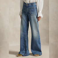 Kadın Modası Kot Pantolon Yüksek Bel Geniş Paça Önü Cepli Retro Vintage Yıkama Denizci Stili Palazzo Bol Denim Toptan