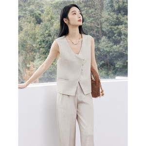 Grey Sleeveless Suit Vest And Wide Leg Pants Set For Women Breathable Office Lady Business Casual Work Commute Two Piece Outfit - Product Image 4