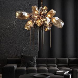 Luce pendente in cristallo di lusso americano soggiorno sala da pranzo Hotel lineare ambra e placcato oro cristallo - Product Image 6