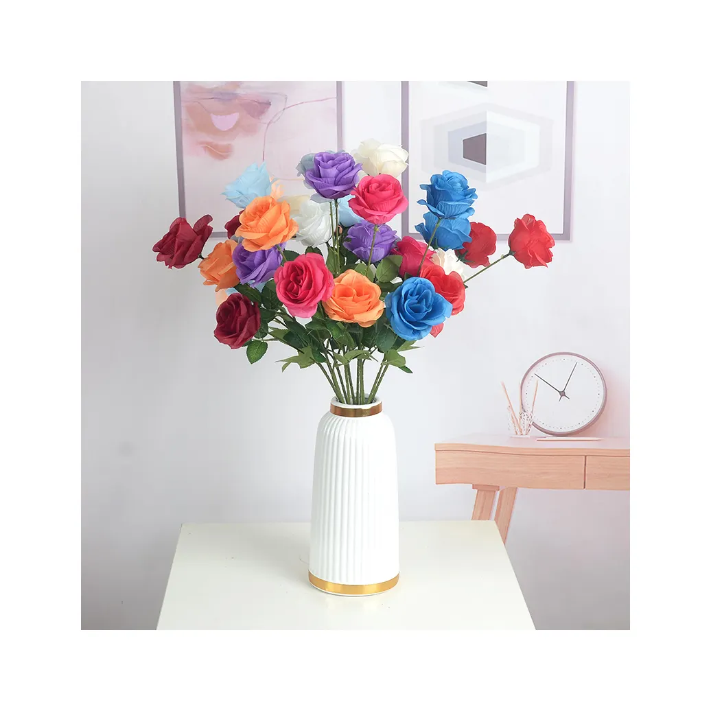Simulation flower home decoration rose wedding hall floral shooting props flower 3 head beautiful heart rose high branches