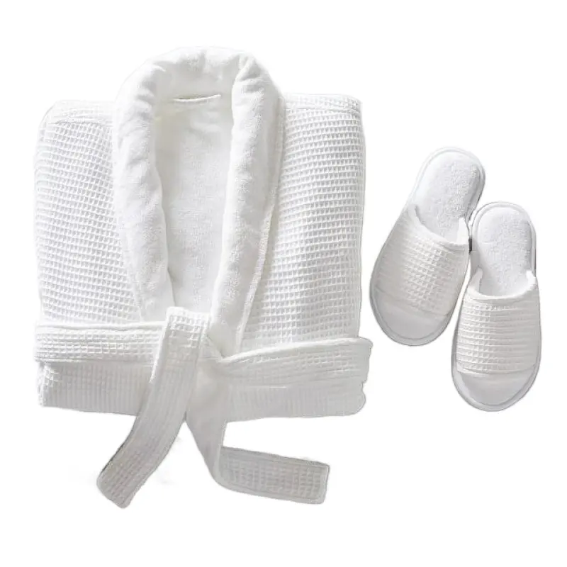 Personalized 100% Cotton Double Layer spa Bath Robe Luxury Hotel White Unisex Waffle Terry Bathrobe and Slipper Set