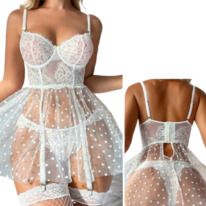 Lencería Sexy Europea y Americana, Conjunto <span class=keywords><strong>de</strong></span> Uniforme <span class=keywords><strong>de</strong></span> Pijama con Túnica <span class=keywords><strong>de</strong></span> Tentación para Pecho Pequeño, Encaje, Malla Fina, Color Blanco Pasión - Product Image 6