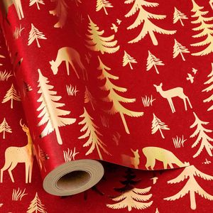 Red Christmas <b>Wrapping</b> <b>Paper</b> Gold Foil Reindeer Tree 17 In X 33 Ft Roll Gift Craft Recyclable - Product Image 1