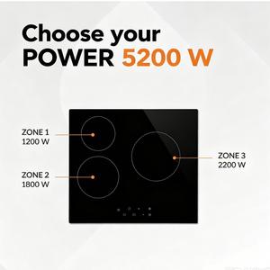 Table <span class=keywords><strong>de</strong></span> cuisson <span class=keywords><strong>vitrocéramique</strong></span> encastrable 3 zones 220V 5200W avec contrôle tactile, verre lisse, verrouillage enfant et minuterie, certifiée CE & RoHS - Product Image 5