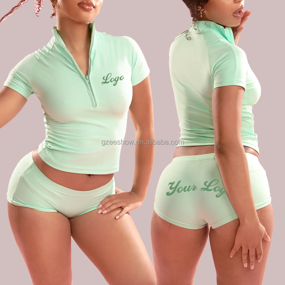 Custom Half Zip Gym Fitness T-Shirt and Yoga Shorts Women's Workout Clothing Sets Decorated with Lace Stand Collar