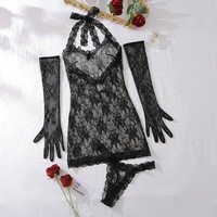 Lingerie Chuangerm Marque Privée 2026 – Nouveauté Tendance : Teddy Sexy Halter Ajusté en Dentelle Jacquard Transparente « Pure Désir » avec Gants