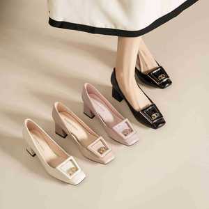 Escarpins à bout carré et talon carré en cuir verni avec boucle, chaussures de bureau pour femme, talon moyen, tendance mode, à enfiler, couleur unie - Product Image 3