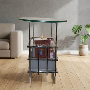 Oval <b>Glass</b> Top <b>Side</b> <b>Table</b> with Metal Frame and Storage Shelf Modern Design for Living Room - Product Image 4