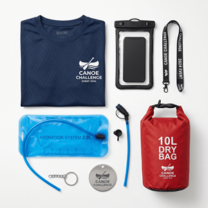 Kit d'événement de défi canoë personnalisé avec pochette étanche pour téléphone Quick Tee, poche à eau, sac étanche et étiquette métallique - Product Image 2