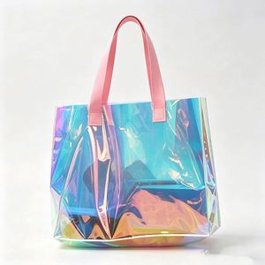 Custom Logo Holographic Laser Pvc Transparent Tote <b>Gift</b> Bag Iridescent Rainbow Shopping Handbag With <b>Stitched</b> Handle - Product Image 1