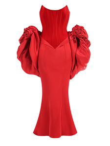 SB3354 Abito da Sera <span class=keywords><strong>Rosso</strong></span> di Lusso con Fiori 3D e Mantella Spalle Scoperte in <span class=keywords><strong>Velluto</strong></span> Abito da Festa di San Valentino Aderente in Raso - Product Image 2