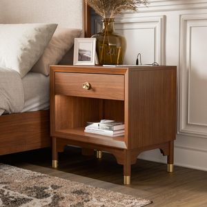 Mid Century Modern Nightstand <b>Walnut</b> Finish <b>Drawer</b> Storage Bedroom Furniture Gold Capped Legs - Product Image 1