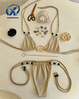 Fabricant de maillots de bain sur mesure, ensemble de bikini perlé pour femmes, maillot de bain en satin sur mesure avec logo