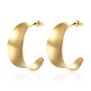 Retro Modern Trendy18K Gold Plated Stainless Steel Concave Exaggerated Curved Oversized Wide C Shape Hoop Earrings For Women