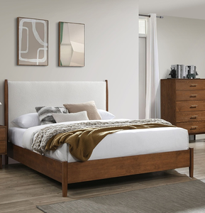 Walnut Color <b>Panel</b> <b>Headboard</b> Beige Upholstered 1pc Full Size Adjustable Convertible Bed Oak Mattress Ready Modern Style - Product Image 4