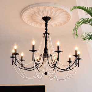 French Retro Style <b>Chandelier</b> With Pearl Beads Multi Head LED <b>Light</b> For Living Room Bedroom Home Decor - Product Image 1