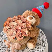 Cadeau de remise de diplôme : Ours en peluche en coton avec fleur éternelle et bouquet, en forme de seau, cadeau d'anniversaire et de Ramadan/Pâques pour filles