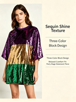 T-shirt à sequins à manches courtes, coloris violet, or et vert, haut scintillant pour défilé de carnaval, fête à thème ou costume