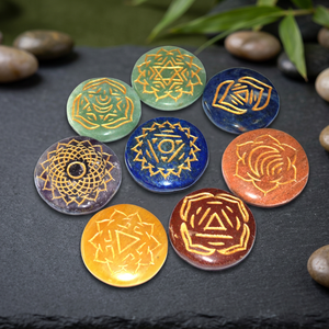 Handmade Gemstone <b>Chakra</b> Stones <b>Set</b> Carved With Sacred Symbols Circle Shape Art Collectible Reiki Theme - Product Image 2