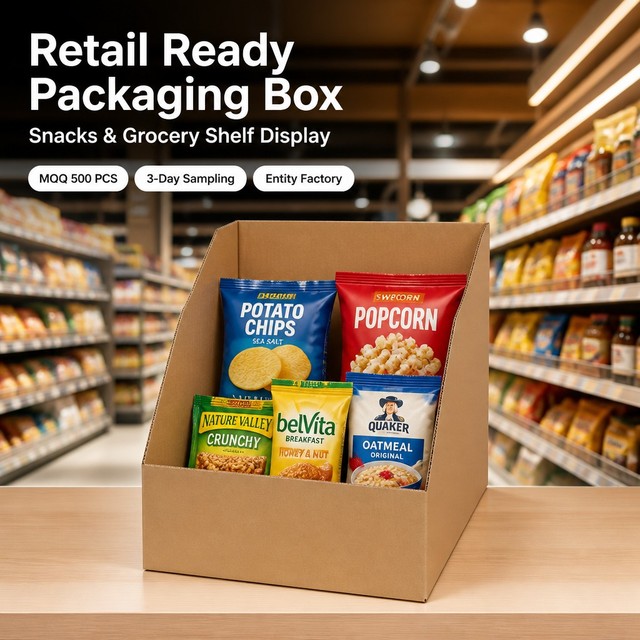 Eco-friendly Foldable Corrugated Cardboard Retail Ready Packaging Box for Snacks and Grocery Items Supermarket Shelf Display