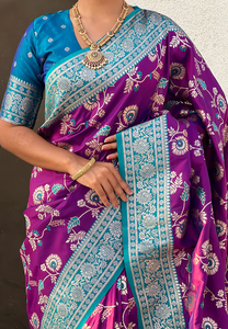 <b>Purple</b> Banarasi Soft Silk <b>Saree</b> with Contrast Jaal Design and Rich Zari Weaving Traditional Winter Party Wear Women's - Product Image 3