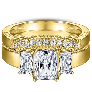 लक्जरी शादी की अंगूठी युगल सेट पूर्ण-हीरा गैर लुप्त होती गहने राजकुमारी कट 10/14/18K सोने अंगूठी सेट