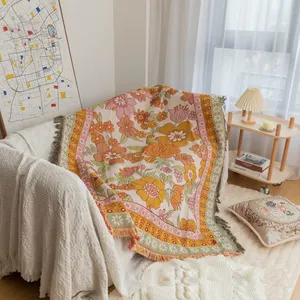Cobertor de sofá com franjas de algodão jacquard flores quentes europeias