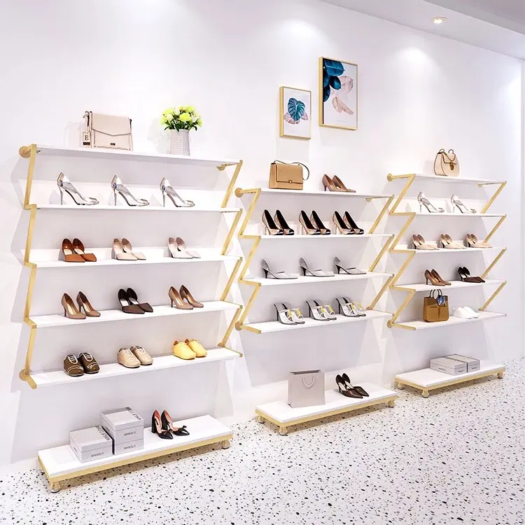 Luxury Shoe Store Furniture Gold Stainless Steel 5 Tiers Wall Mounted Shoes Display Rack Stand For Retail Shop
