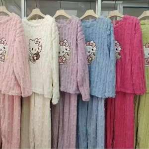 Abbigliamento da notte <span class=keywords><strong>autunno</strong></span> inverno <span class=keywords><strong>donna</strong></span> <span class=keywords><strong>pigiama</strong></span> in flanella corallo KT gatto dolce cartone animato graziosi vestiti per la casa elastico in vita anteriore ispessito - Product Image 2