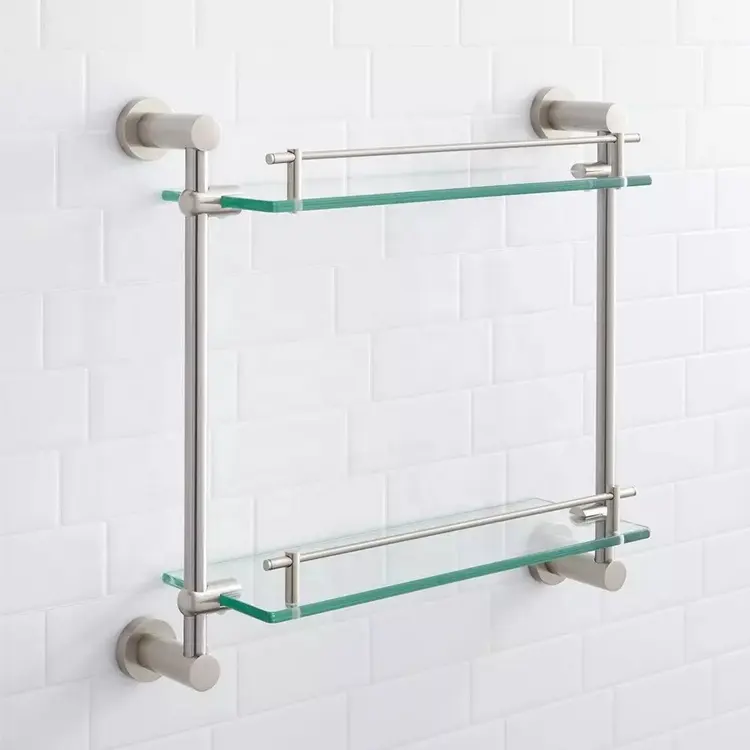 Wall Mounted Dual Tiers Shelves Glass Bath Shower Shelf 2-Tier Bathroom Shelf