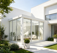 Véranda en aluminium et verre avec portes coulissantes, extension préfabriquée de jardin d'hiver extérieur