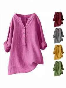 Camicia Larga in Cotone e <span class=keywords><strong>Lino</strong></span> Tinta Unita Stile Europeo e Americano con Tasche, <span class=keywords><strong>Abbigliamento</strong></span> <span class=keywords><strong>Donna</strong></span> - Product Image 2