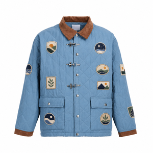 Giacca da Lavoro Vintage Personalizzata per <span class=keywords><strong>Uomo</strong></span>, Blu Trapuntata con Colletto <span class=keywords><strong>in</strong></span> Velluto a Coste, Chiusura Stile Vigili del Fuoco, <span class=keywords><strong>in</strong></span> Cotone e Nylon - Product Image 1