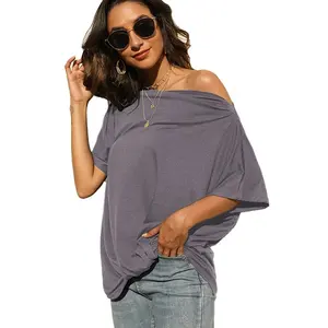 Camiseta de manga corta para mujer, blusa Dolman elástica con cuello de barco, camiseta sin tirantes lateral