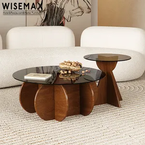WISEMAX mobilya İskandinav benzersiz tasarım cam üst ahşap taban sehpa ev cafe otel high end ahşap yan masa yuvarlak son masa